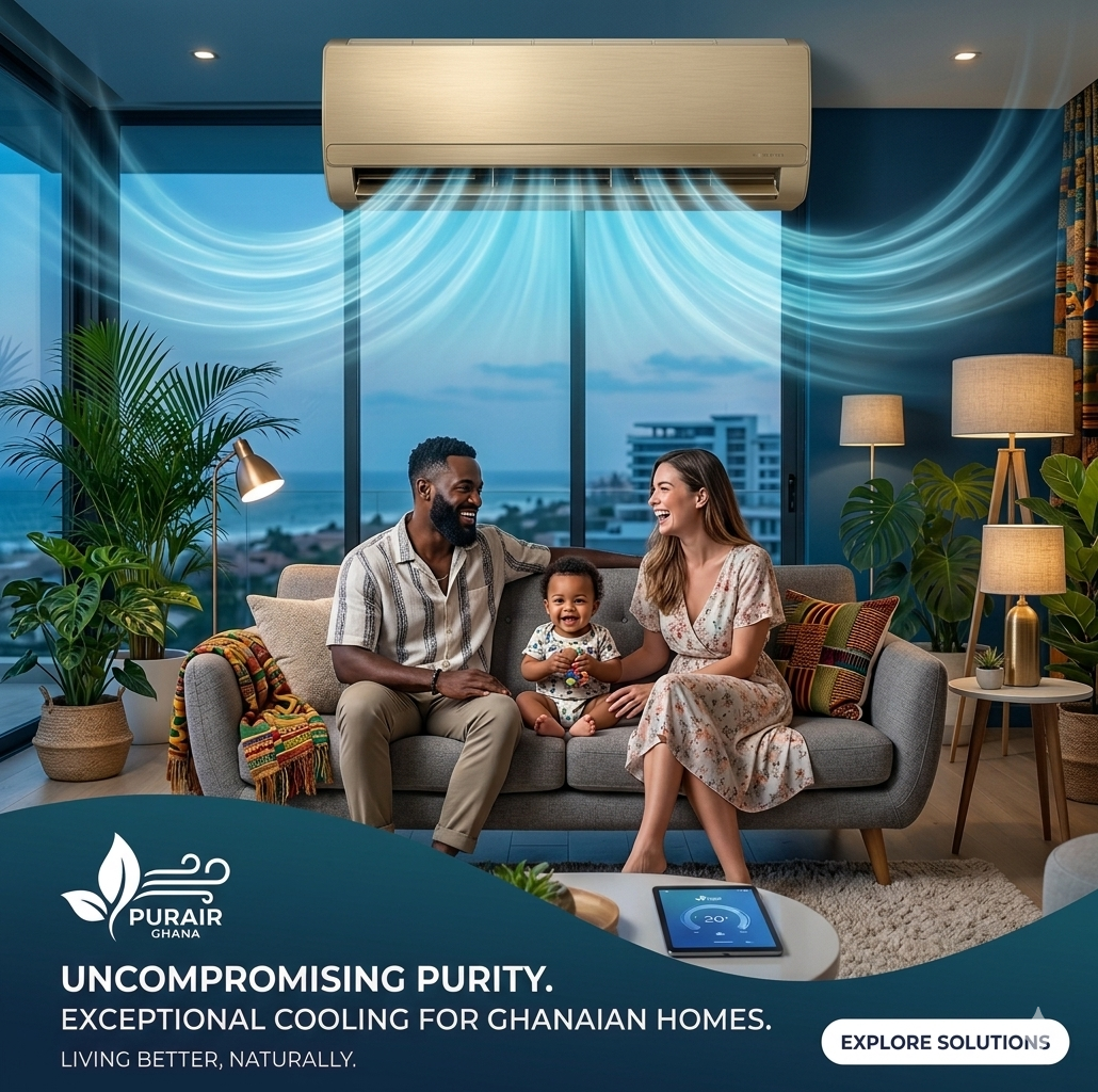 Modern Tema apartment at dusk with visible cool airflow streams flowing from a wall-mounted PUR AIR unit above a couple and toddler on a sofa.