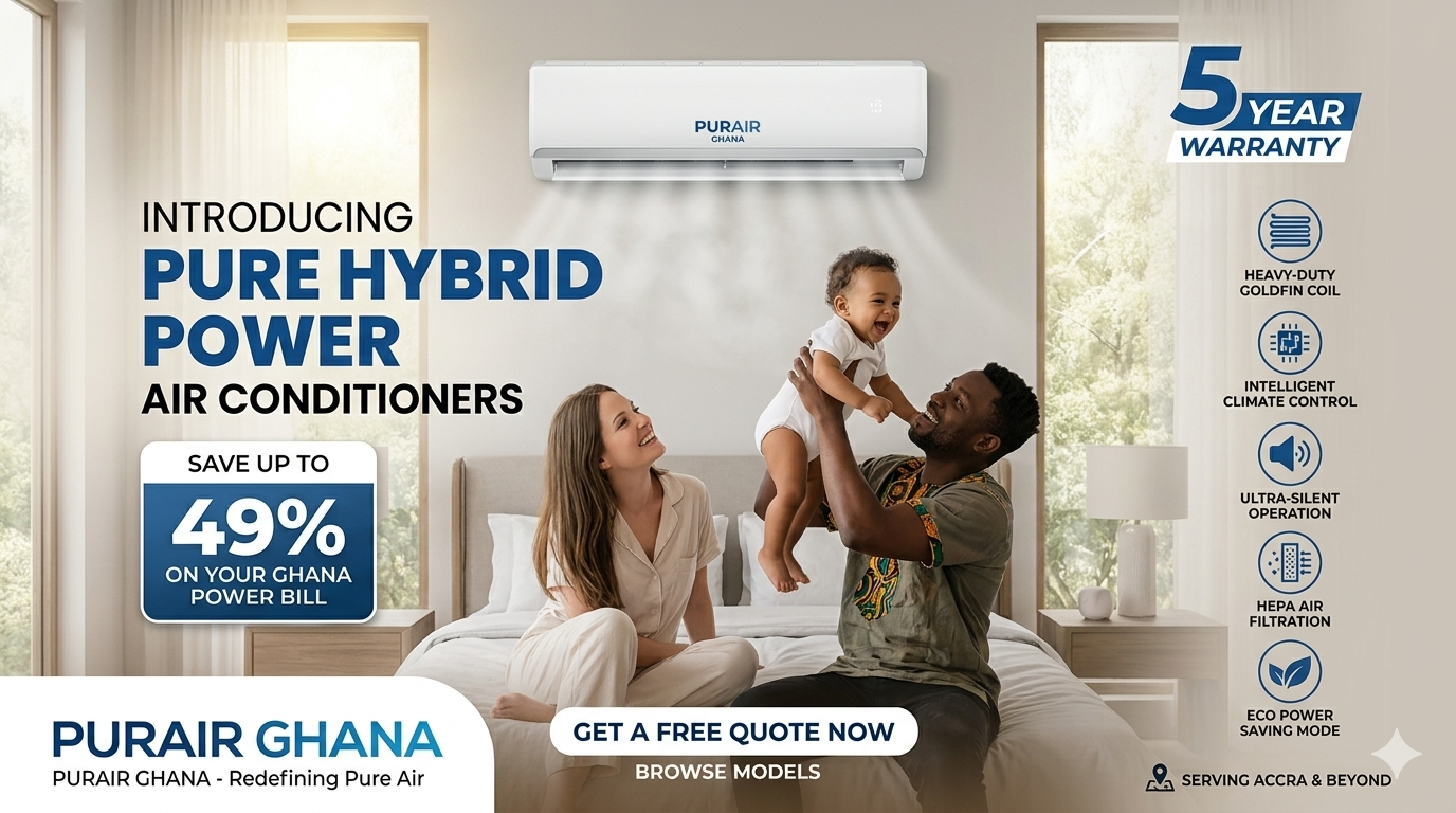Father lifting a smiling baby in a sunlit East Legon bedroom under a PUR AIR Pure Hybrid Power split unit with a 5-year warranty badge.