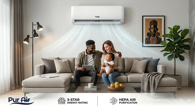 Family on a beige sofa with a tablet and toddler while visible purified airflow streams down from a PUR AIR wall unit above them.