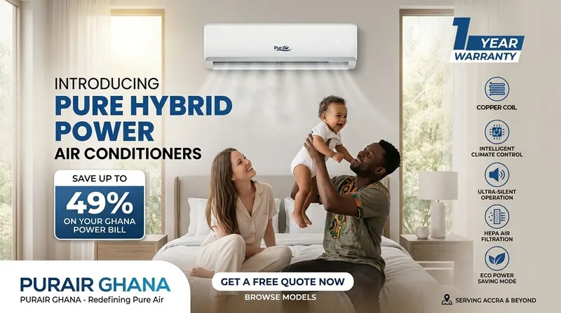 Father lifting a laughing baby on a bed in a sunlit East Legon bedroom, under a PUR AIR Pure Hybrid Power split unit.