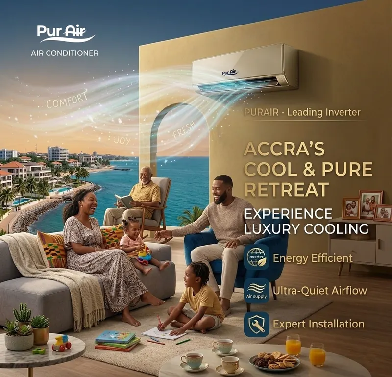 Multigenerational Ghanaian family relaxing in a warm ocean-view living room while a gold PUR AIR split unit sends cool, sparkling airflow across the space.