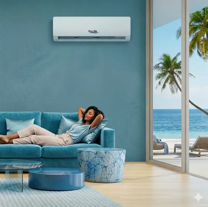Woman resting on a teal velvet sofa in a coastal Accra living room beneath a wall-mounted PUR AIR split unit, with palm trees and the sea beyond the glass doors.
